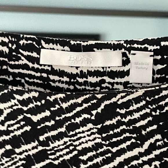 HUGO BOSS Ejay Print Black Fantasy Printed DayDress Boatneck Ruched Bodice Small - Picture 3 of 8